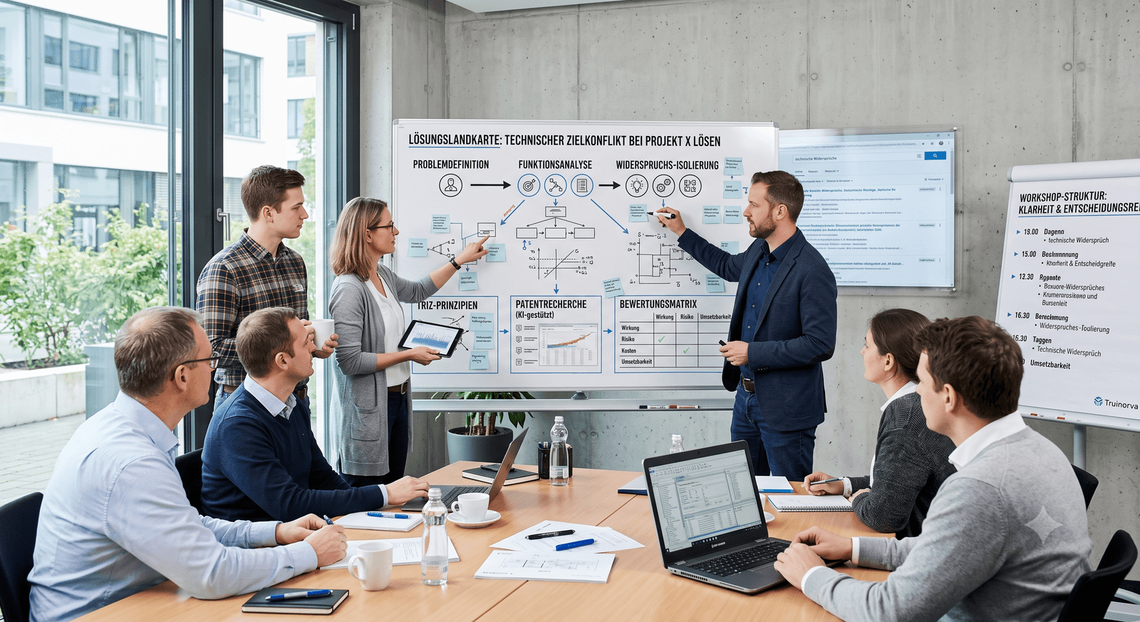 Bild eines strukturierten Ingenieur-Workshops. Fachleute arbeiten an einem Whiteboard mit einer detaillierten „Lösungslandkarte“, die systematische Schritte wie Problemdefinition, TRIZ-Prinzipien und eine Bewertungsmatrix zeigt. Die Atmosphäre ist fokussiert und kooperativ.