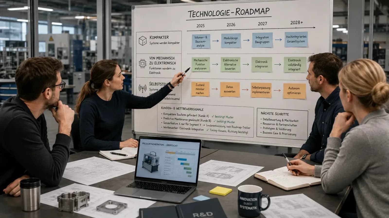 F&E-Team entwickelt in einer modernen Industrieumgebung eine Technologie-Roadmap mit Entwicklungsschritten zu kompakteren, elektronischen und selbststeuernden Systemen.