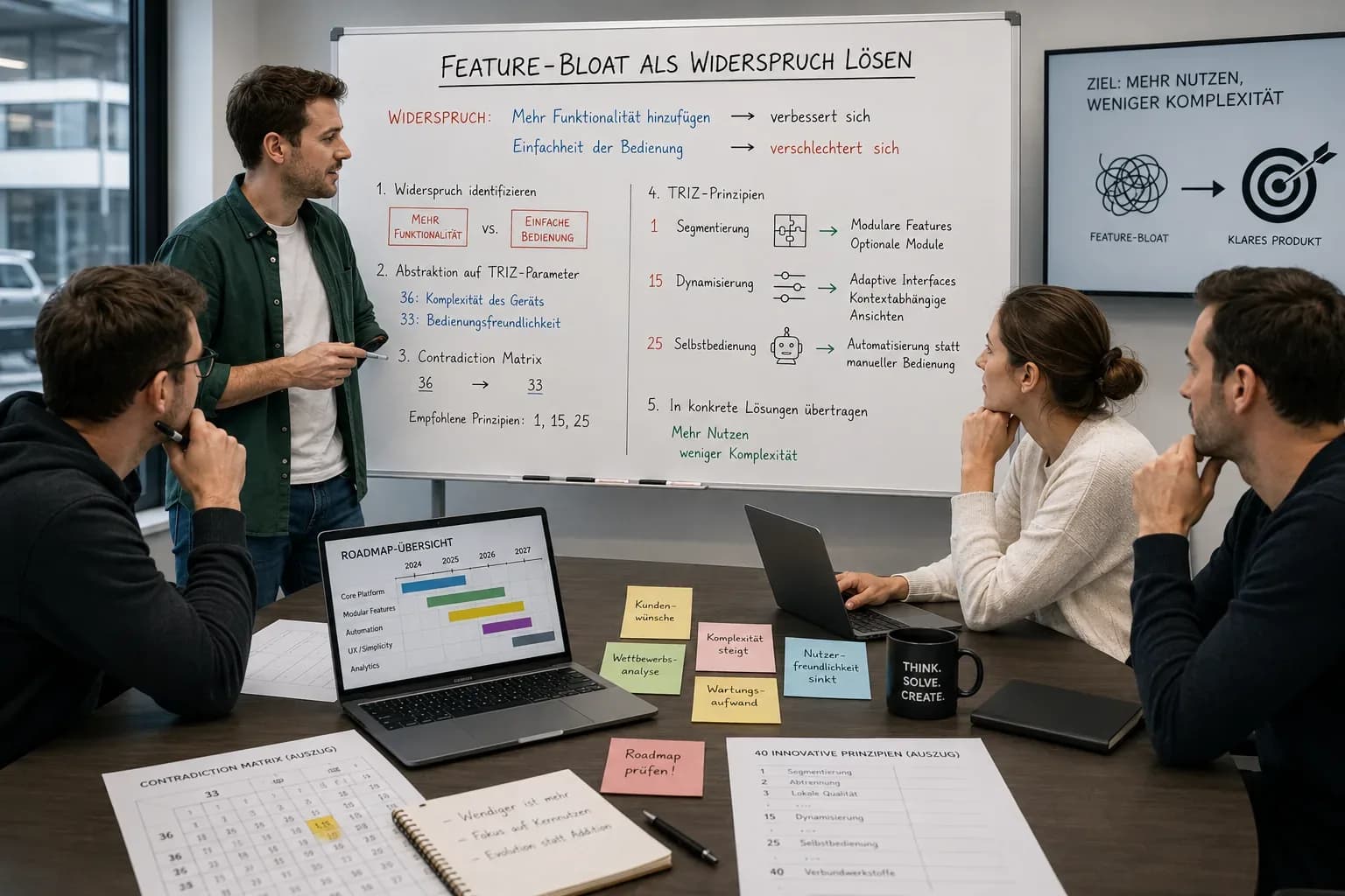 F&E-Team analysiert in einem Workshop den Widerspruch zwischen wachsendem Funktionsumfang und einfacher Bedienung und leitet mit der TRIZ-Widerspruchsanalyse konkrete Lösungsprinzipien gegen Feature-Bloat ab.