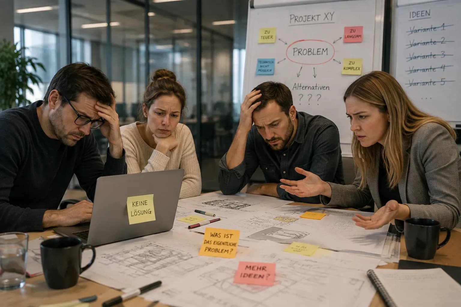 Photorealistisches Bild eines frustrierten Entwicklungsteams in einem modernen Besprechungsraum. Vier Personen sitzen vor technischen Zeichnungen, Laptop und Notizen und wirken ratlos. Im Hintergrund zeigt ein Flipchart ein ungelöstes Problem mit mehreren gescheiterten Lösungsvarianten und Hinweisen auf Kosten, Komplexität und technische Grenzen. Mit KI generiert.
