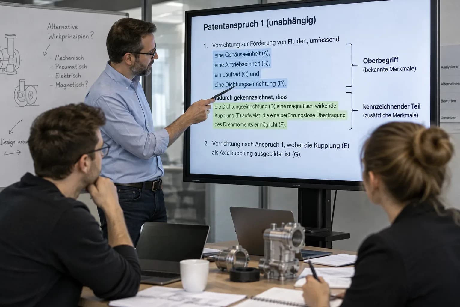 Photorealistische Workshopszene mit drei Fachleuten bei der Analyse eines Patentanspruchs. Auf einem großen Bildschirm sind Oberbegriff und kennzeichnender Teil farblich hervorgehoben, während technische Alternativen und Design-around-Ideen diskutiert werden. Mit KI generiert.