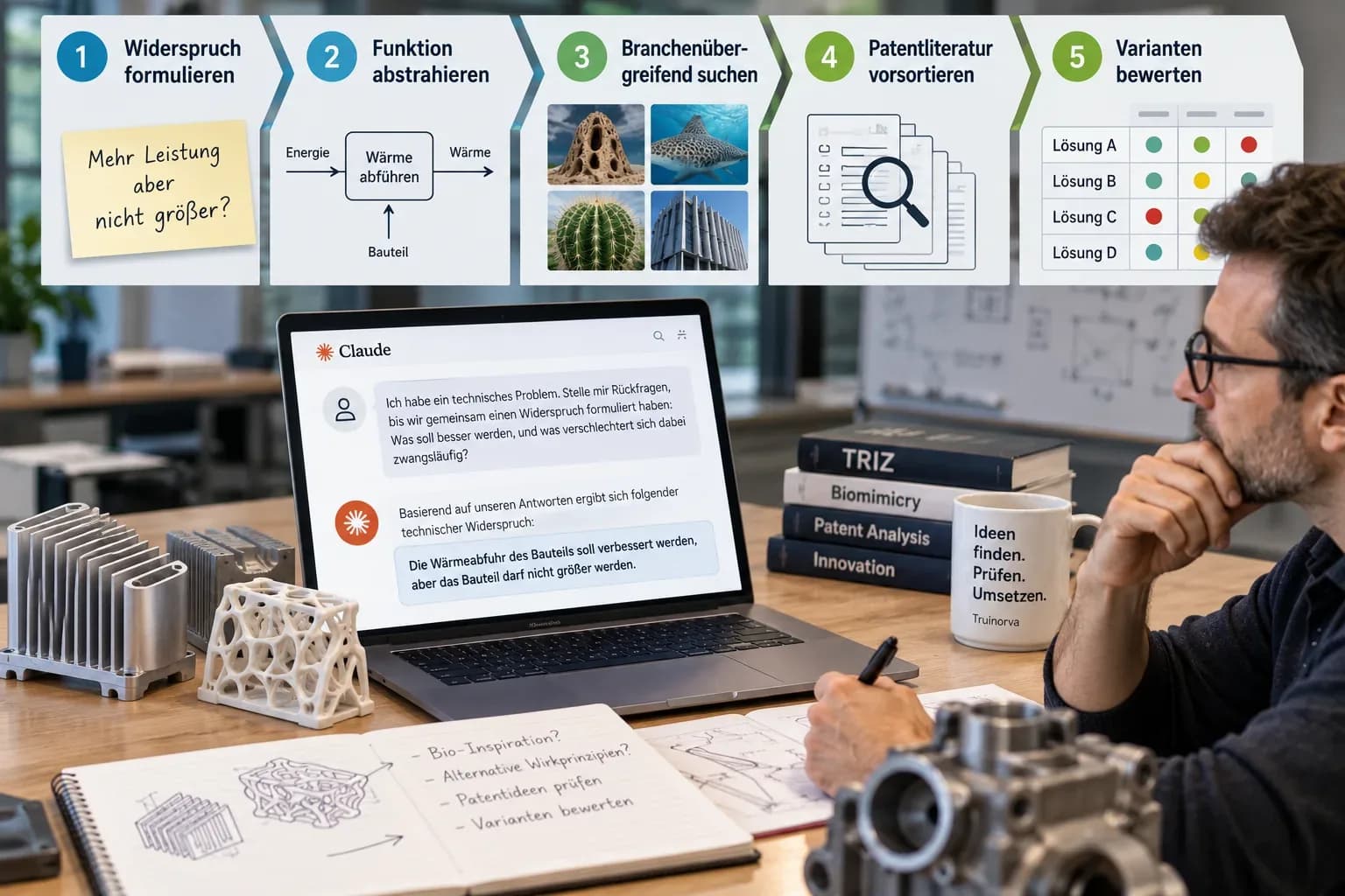 Photorealistische Ingenieursszene mit Laptop und technischen Bauteilen. Über dem Arbeitsplatz zeigt eine fünfstufige Darstellung den KI-gestützten Innovationsprozess: Widerspruch formulieren, Funktion abstrahieren, branchenübergreifend suchen, Patentliteratur vorsortieren und Lösungsvarianten bewerten. Mit KI generiert.