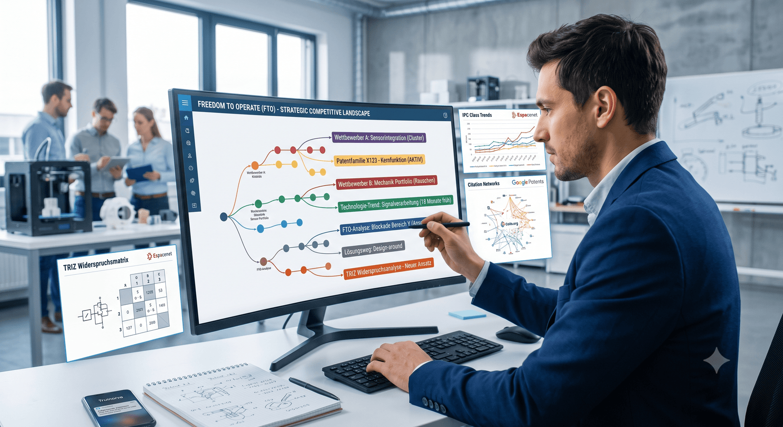 Ein Ingenieur arbeitet am Schreibtisch vor einem großen Monitor, auf dem eine strategische Patentlandschaft (FTO-Analyse) als farbiges Netzwerkdiagramm dargestellt ist. Neben dem Bildschirm schweben digitale Overlays mit einer TRIZ-Widerspruchsmatrix, IPC-Klassentrends und Zitiernetzwerken. Im Hintergrund ist ein modernes Entwicklungslabor mit einem 3D-Drucker und Kollegen zu sehen.