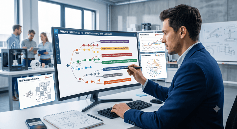 Ein Ingenieur arbeitet am Schreibtisch vor einem großen Monitor, auf dem eine strategische Patentlandschaft (FTO-Analyse) als farbiges Netzwerkdiagramm dargestellt ist. Neben dem Bildschirm schweben digitale Overlays mit einer TRIZ-Widerspruchsmatrix, IPC-Klassentrends und Zitiernetzwerken. Im Hintergrund ist ein modernes Entwicklungslabor mit einem 3D-Drucker und Kollegen zu sehen.
