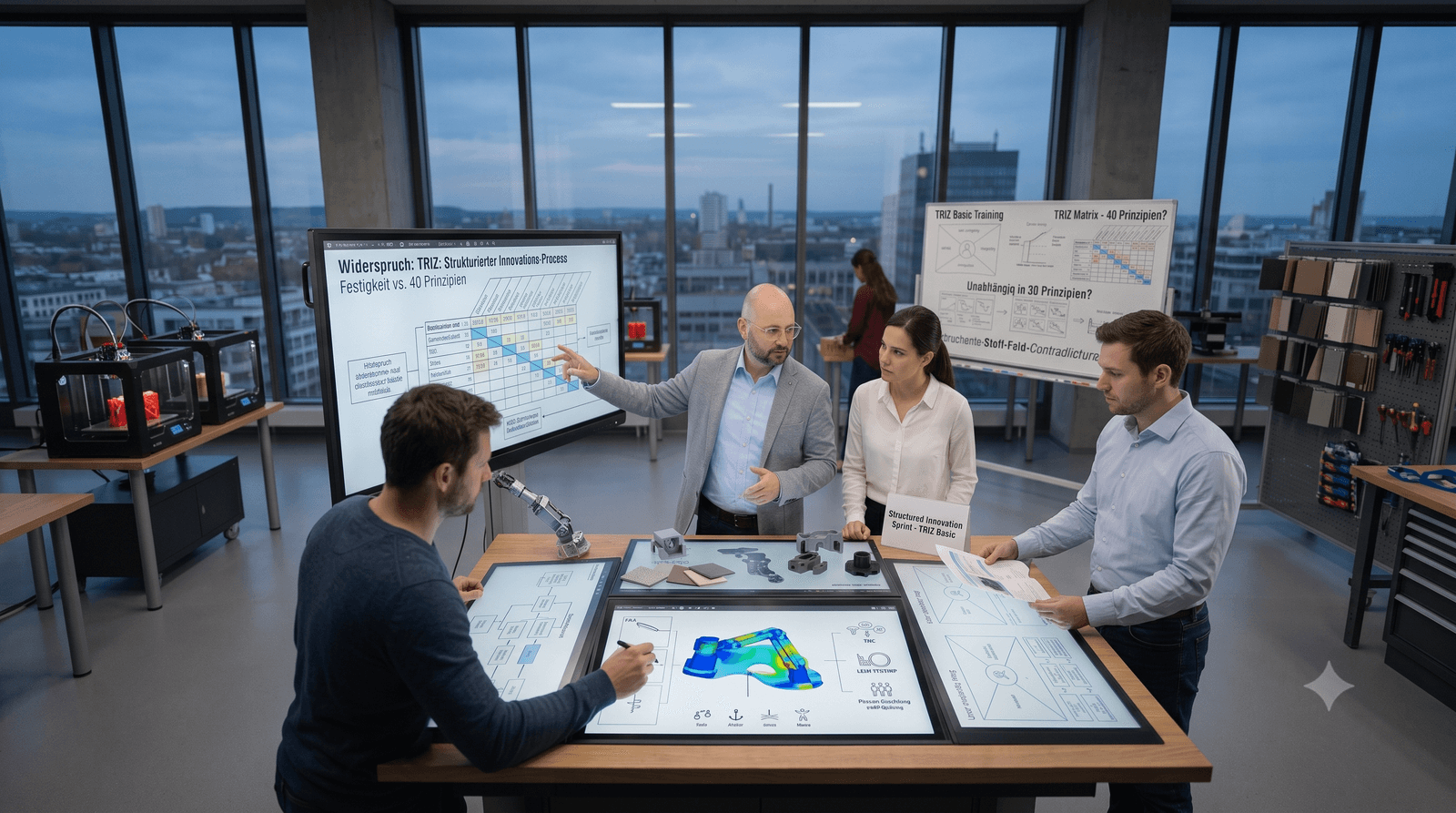 TRIZ-Training in einem modernen Innovationslabor: Vier Personen diskutieren an einem Touchtisch mit Widerspruchsmatrix und Bauteilen.