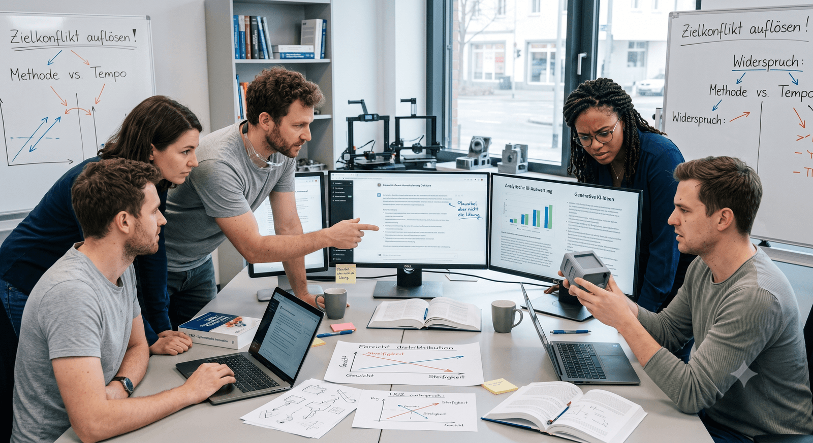 Fünfköpfiges Ingenieurteam, das in einem modernen Konferenzraum um einen Tisch voller Laptops, technischer Skizzen und 3D-Druckprototypen versammelt ist. Im Zentrum steht ein großer Bildschirm, der eine ChatGPT-ähnliche Schnittstelle mit mehreren Ideen auflistet, darunter steht auf einem Haftnotizzettel: "Vielversprechend, aber keine Lösung!". Die Teammitglieder schauen skeptisch und besorgt auf die Ergebnisse, während zwei Whiteboards im Hintergrund Skizzen von TRIZ-Diagrammen und Überschriften wie "Widerspruch: Gewicht vs. Stärke" und "KI-gestützte Methode" zeigen. Die Atmosphäre ist fokussiert, aber ratlos.