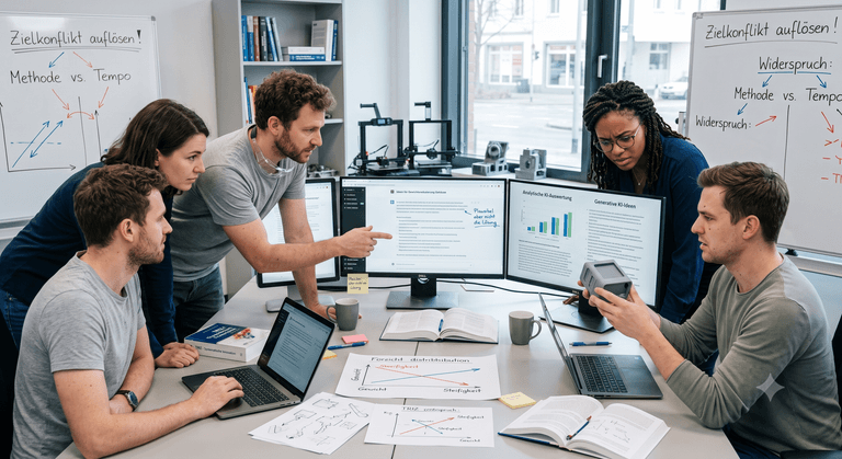 Fünfköpfiges Ingenieurteam, das in einem modernen Konferenzraum um einen Tisch voller Laptops, technischer Skizzen und 3D-Druckprototypen versammelt ist. Im Zentrum steht ein großer Bildschirm, der eine ChatGPT-ähnliche Schnittstelle mit mehreren Ideen auflistet, darunter steht auf einem Haftnotizzettel: "Vielversprechend, aber keine Lösung!". Die Teammitglieder schauen skeptisch und besorgt auf die Ergebnisse, während zwei Whiteboards im Hintergrund Skizzen von TRIZ-Diagrammen und Überschriften wie "Widerspruch: Gewicht vs. Stärke" und "KI-gestützte Methode" zeigen. Die Atmosphäre ist fokussiert, aber ratlos.