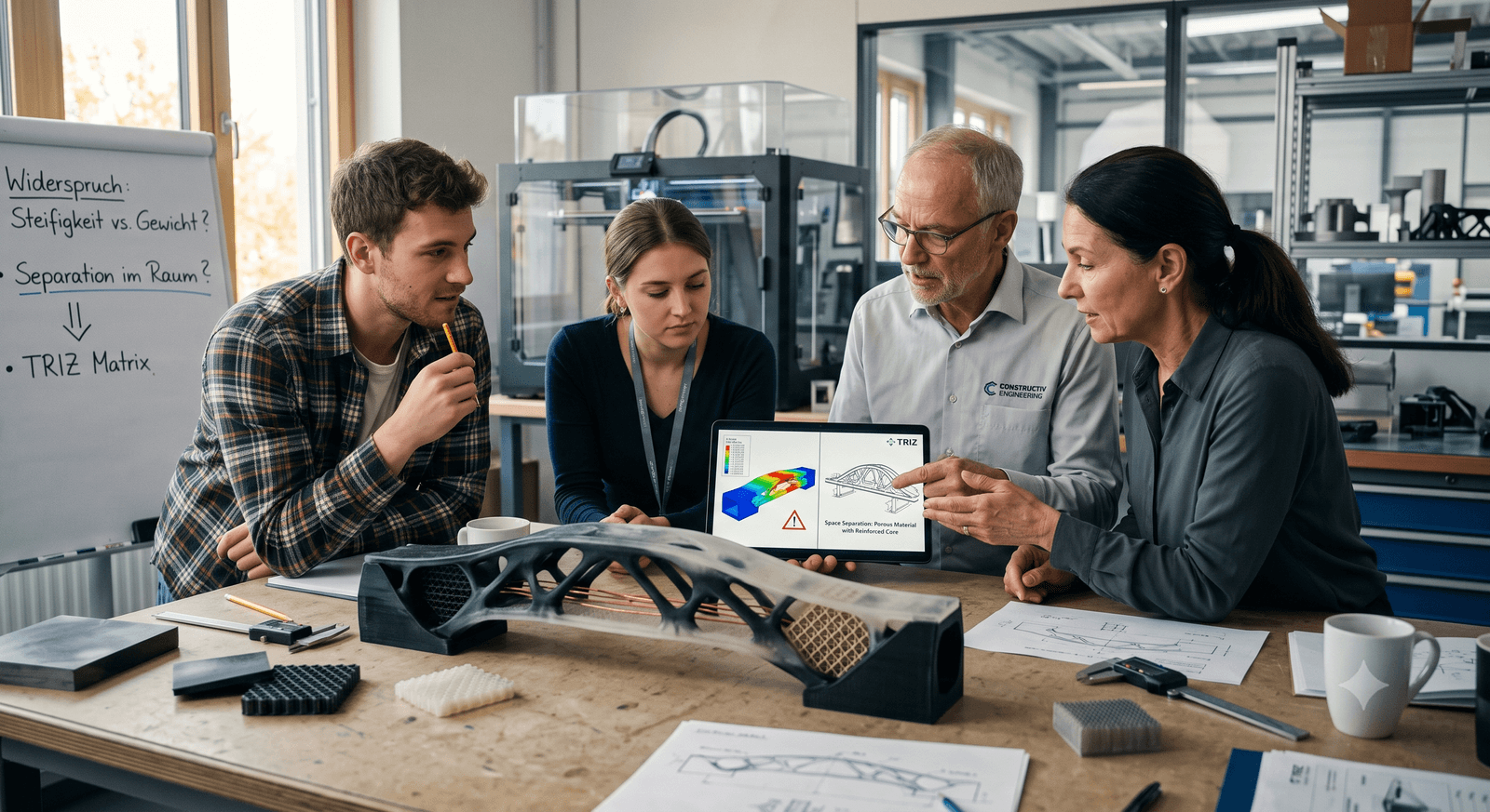 Bild eines vierköpfigen Ingenieurteams (zwei Männer, zwei Frauen) in einer modernen Werkstatt, die sich um einen Tisch versammelt haben. Sie diskutieren einen optimierten 3D-gedruckten Brückenprototypen, während ein älterer Ingenieur auf einem Tablet eine Analyseergebnisseite mit FEM-Simulationen und einem TRIZ-Lösungskonzept zeigt. Ein Whiteboard im Hintergrund enthält Notizen zum Thema „Steifigkeit vs. Gewicht?“ und „TRIZ Matrix“.