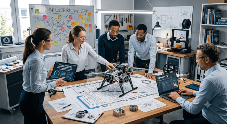 Diverse Ingenieure analysieren Drohnenprototyp im Labor mit Tablet und Whiteboard.