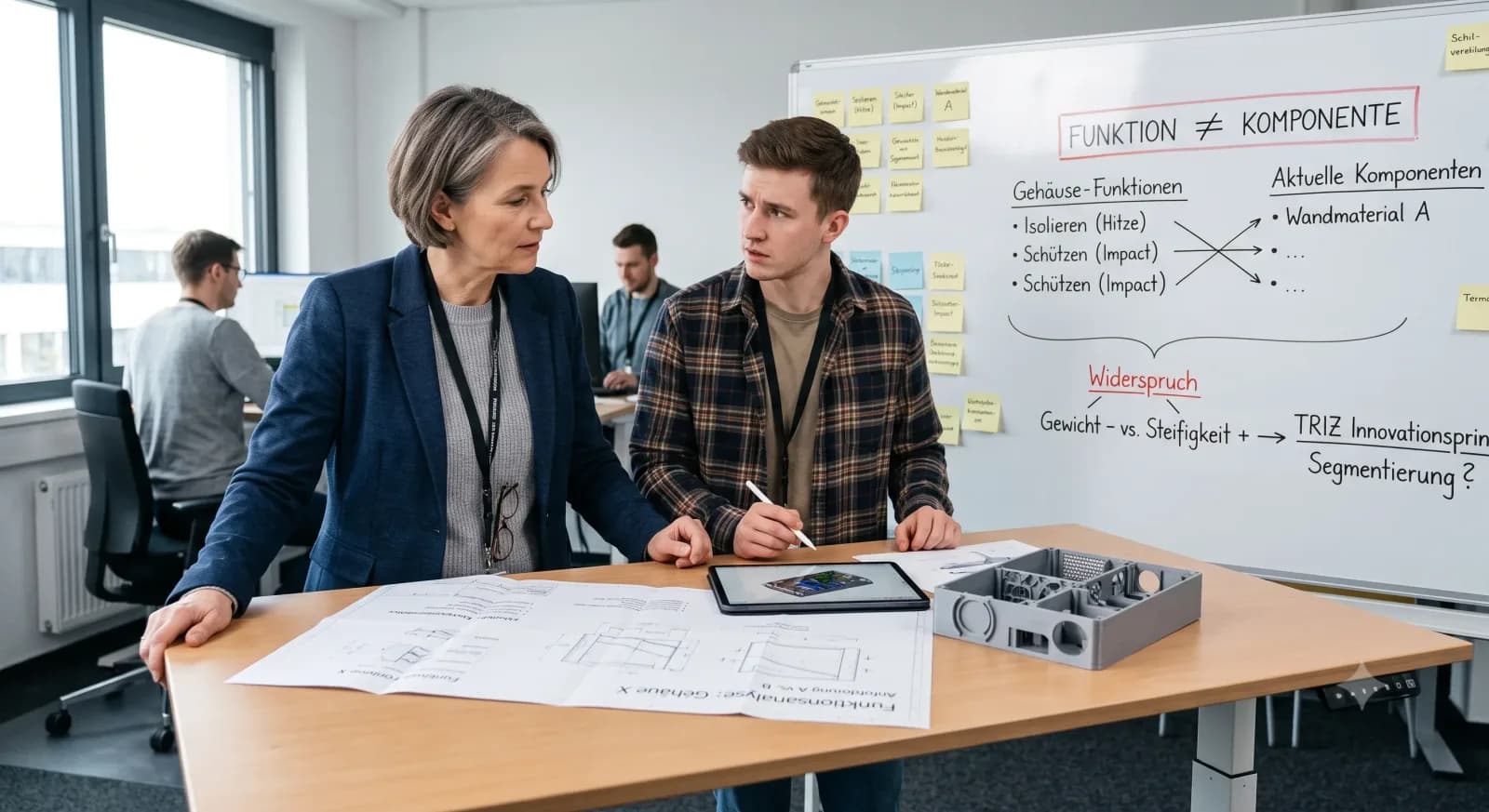 Im Zentrum stehen zwei Ingenieure, eine erfahrene Frau (ca. 50, mit graumeliertem Haar und Brille am Hals, dunkle Jacke) und ein jüngerer Mann (ca. 20, mit kariertem Hemd), an einem großen Stehtisch. Sie blicken konzentriert auf eine große Whiteboard-Tafel im Hintergrund. Die Frau gestikuliert in Richtung des Whiteboards, während der Mann aufmerksam zuhört und ein Tablet hält. Auf dem Whiteboard sind handgeschriebene deutsche Diagramme und Notizen zu sehen, darunter der Haupttitel "FUNKTION ≠ KOMPONENTE", eine Tabelle, die "Gehäuse-Funktionen" (z.B. Isolieren, Schützen) gegen "Aktuelle Komponenten" abwägt, und eine Analyse technischer "Widersprüche" (wie Gewicht vs. Steifigkeit) mit einem Verweis auf ein "TRIZ Innovationsprinzip: Segmentierung?". Auf dem Tisch vor ihnen liegen technische Zeichnungen (beschriftet mit "Funktionsanalyse: Gehäuse X"), Tablet und ein physischer, 3D-gedruckter Gehäuseprototyp mit komplexen internen Strukturen. Im verschwommenen Hintergrund arbeitet ein weiterer Ingenieur am Schreibtisch. Die Atmosphäre ist analytisch und kollaborativ. Mit KI generiert.