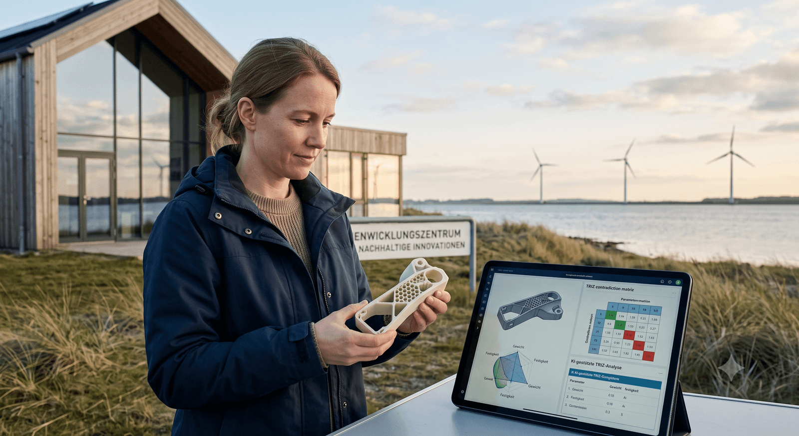 Eine Ingenieurin steht im Freien vor einem modernen Innovationszentrum an der Küste mit Windrädern im Hintergrund. Sie hält ein leichtes, bionisch optimiertes Kunststoffbauteil mit Wabenstruktur in den Händen. Neben ihr liegt ein Tablet auf einem Tisch, das ein 3D-Modell sowie Grafiken zur KI-gestützten TRIZ-Analyse zeigt.