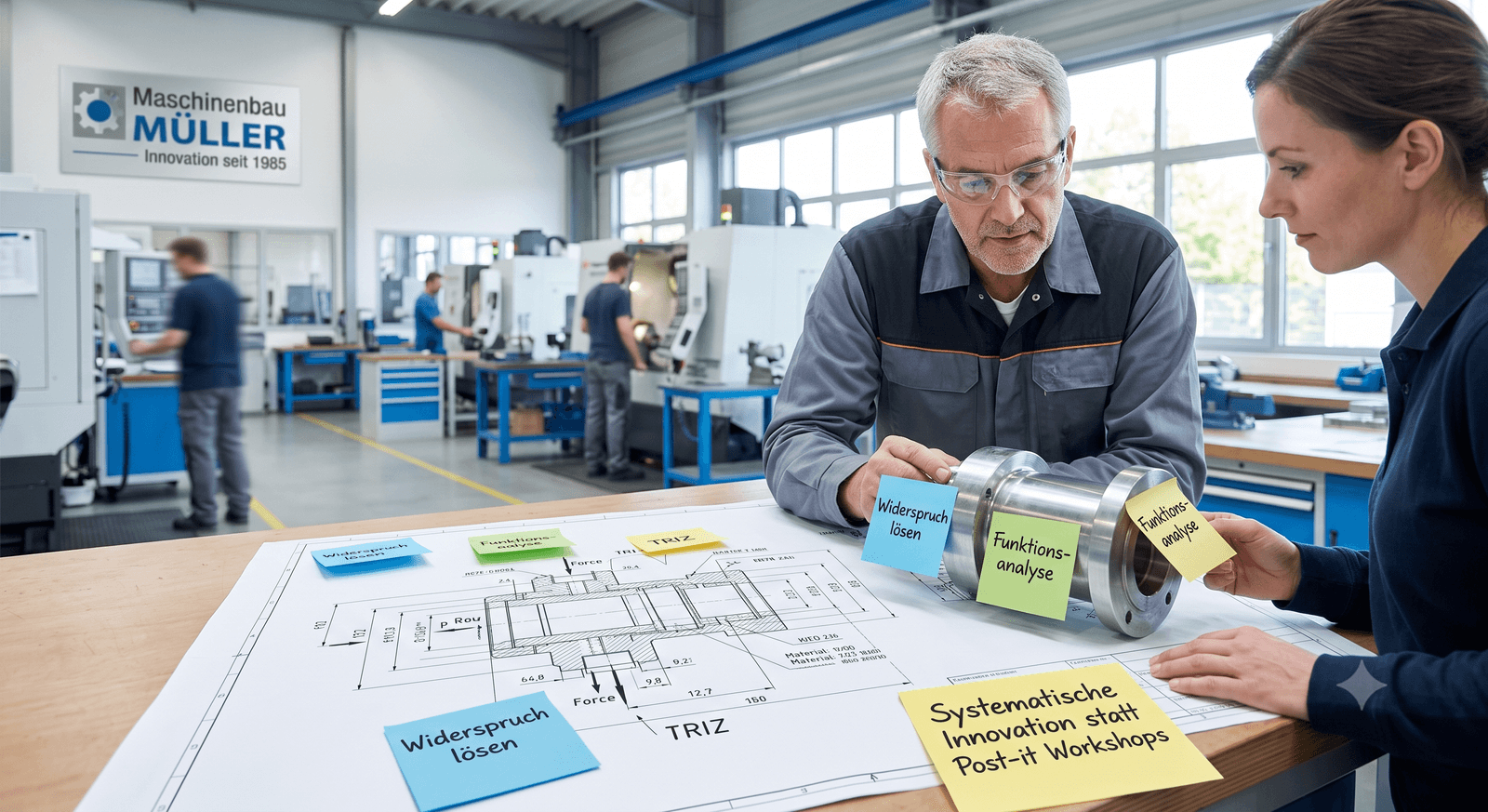 Zwei Fachkräfte diskutieren in einer CNC-Fräshalle. Auf dem Arbeitstisch liegen eine Blaupause eines Getriebeteils und ein Metallprototyp, beide mit Post-its versehen. Die Post-its tragen Beschriftungen, die auf die TRIZ-Methodik hinweisen: „Widerspruch lösen“, „Funktionsanalyse“. Ein Zettel warnt vor reinen Post-it Workshops und fordert systematische Innovation.