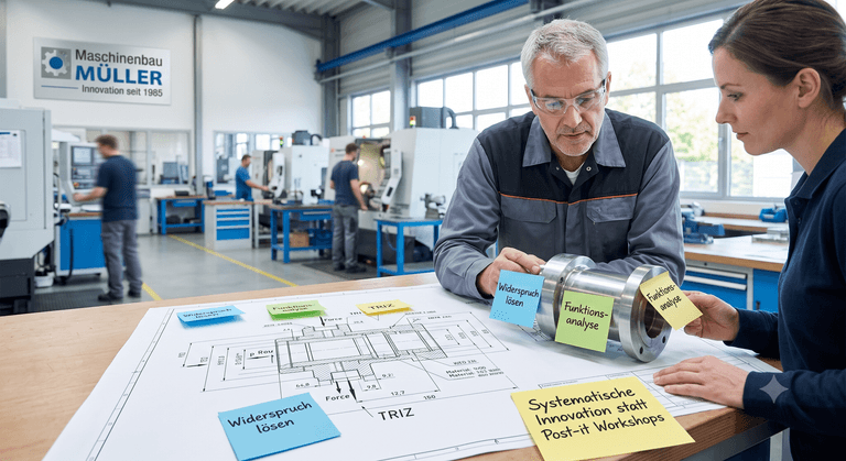 Zwei Fachkräfte diskutieren in einer CNC-Fräshalle. Auf dem Arbeitstisch liegen eine Blaupause eines Getriebeteils und ein Metallprototyp, beide mit Post-its versehen. Die Post-its tragen Beschriftungen, die auf die TRIZ-Methodik hinweisen: „Widerspruch lösen“, „Funktionsanalyse“. Ein Zettel warnt vor reinen Post-it Workshops und fordert systematische Innovation.