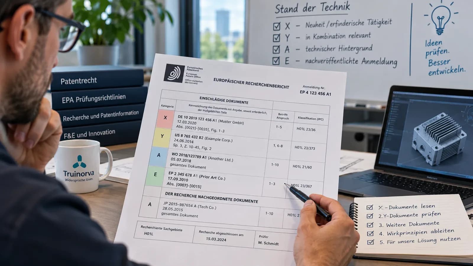 Photorealistische Darstellung eines Ingenieurs bei der Analyse eines europäischen Patentrecherchenberichts. Die Kategorien X, Y, A und E sind farblich hervorgehoben und kennzeichnen unterschiedliche Arten des Stands der Technik. Auf dem Schreibtisch liegen Fachbücher und eine Checkliste zur Patentanalyse. Ein Laptop zeigt das CAD-Modell einer Kühlplatte mit Rippenstruktur als Beispiel für die technische Bewertung bestehender Erfindungen. Mit KI generiert.