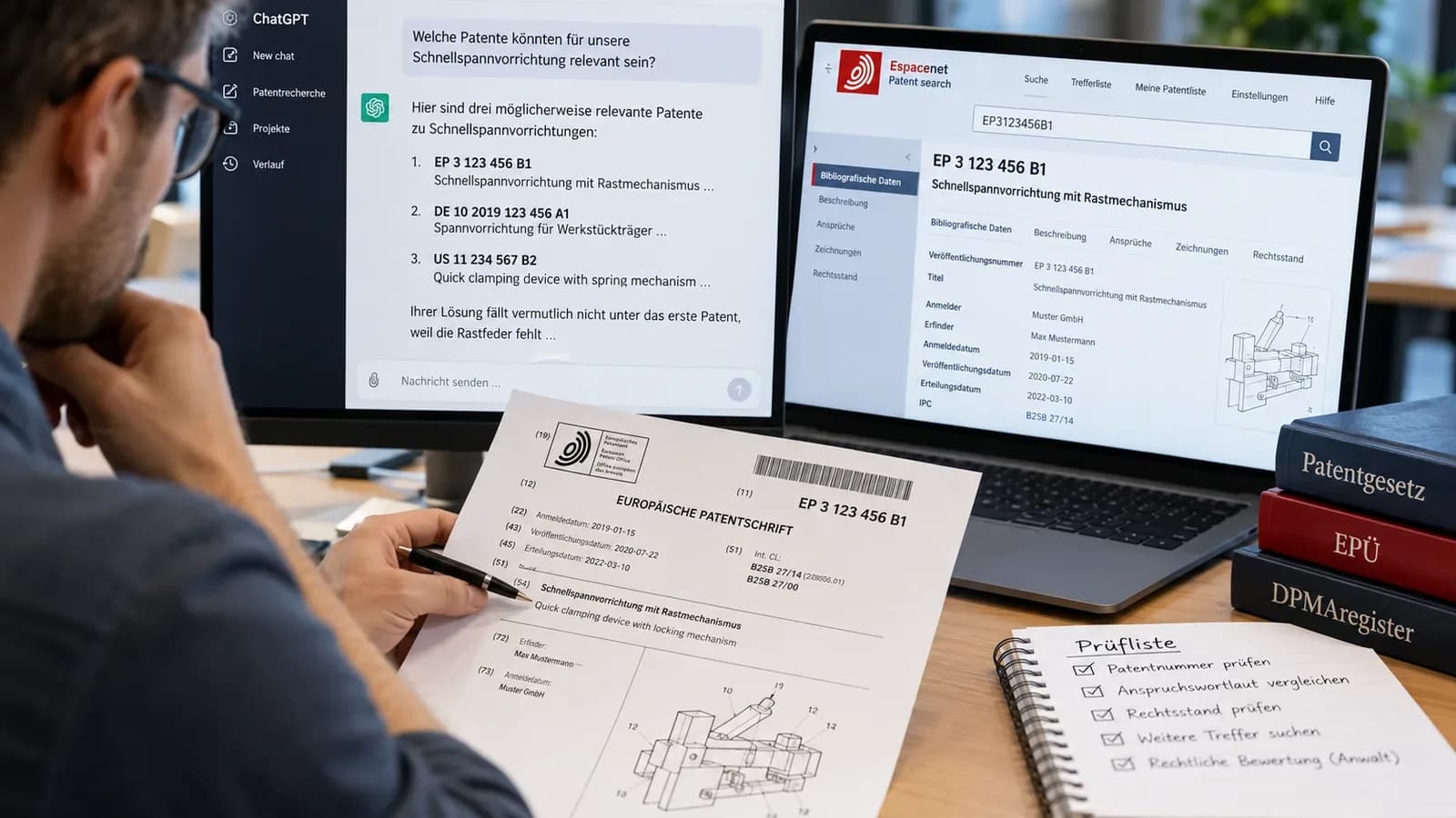 Ingenieur überprüft die Ergebnisse einer KI-gestützten Patentrecherche. Er vergleicht Patentnummern und technische Angaben aus ChatGPT mit einer Originalpatentschrift und einem Eintrag in Espacenet. Eine Checkliste zeigt die Prüfschritte für Patentnummer, Anspruchswortlaut, Rechtsstand und weitere Treffer. Mit KI generiert.