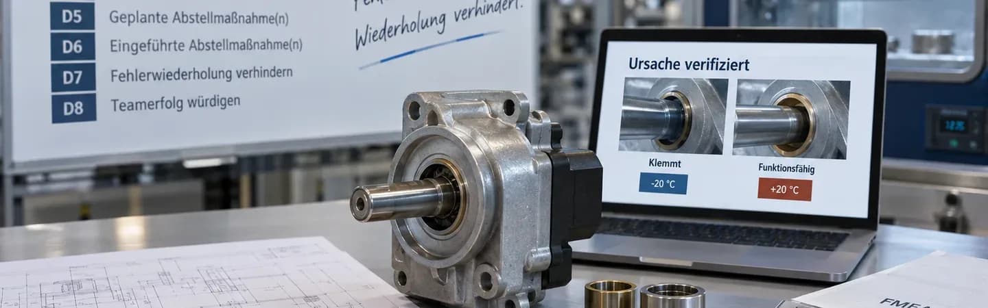 Photorealistische Darstellung einer 8D-Fehlerursachenanalyse in einer industriellen Fertigung. Im Mittelpunkt steht ein Stellantrieb mit Welle und Lagerbuchsen. Eine Klimakammer und ein Laptop zeigen den temperaturabhängigen Fehler: Die Welle klemmt bei −20 °C, funktioniert aber bei +20 °C. Im Hintergrund sind die acht Disziplinen der 8D-Methode dargestellt, ergänzt durch Messwerkzeuge, technische Zeichnungen und Qualitätsdokumente. Mit KI generiert.