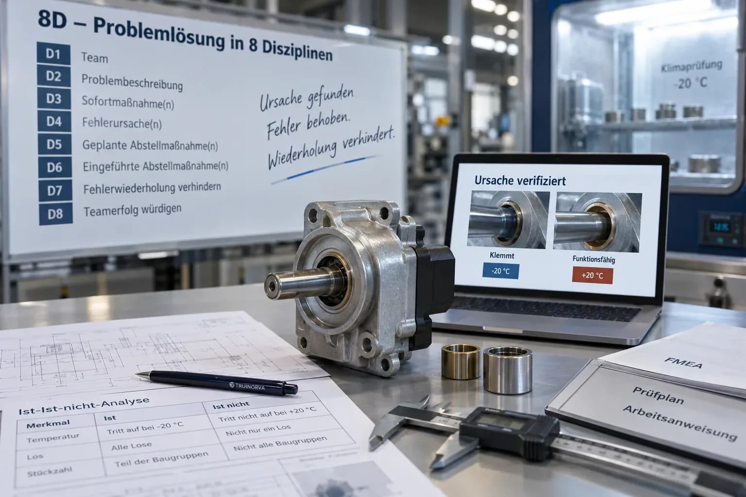 Photorealistische Darstellung einer 8D-Fehlerursachenanalyse in einer industriellen Fertigung. Im Mittelpunkt steht ein Stellantrieb mit Welle und Lagerbuchsen. Eine Klimakammer und ein Laptop zeigen den temperaturabhängigen Fehler: Die Welle klemmt bei −20 °C, funktioniert aber bei +20 °C. Im Hintergrund sind die acht Disziplinen der 8D-Methode dargestellt, ergänzt durch Messwerkzeuge, technische Zeichnungen und Qualitätsdokumente. Mit KI generiert.