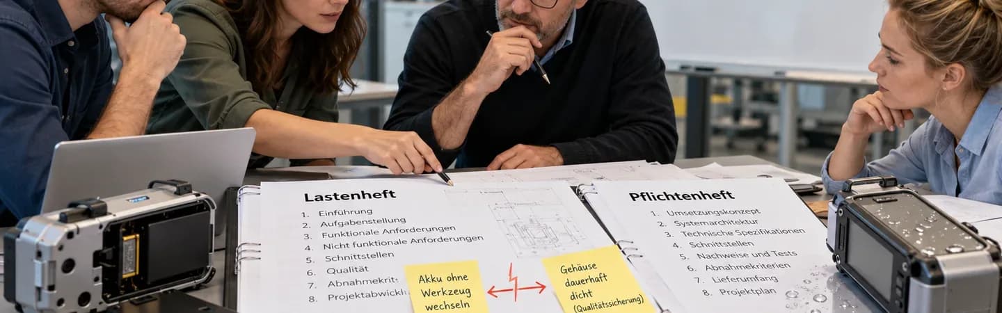 Vier Fachleute analysieren in einer technischen Besprechung Lastenheft und Pflichtenheft eines tragbaren Messgeräts. Zwei Geräteprototypen und technische Zeichnungen veranschaulichen den Zielkonflikt zwischen werkzeuglosem Akkuwechsel und dauerhaft dichtem Gehäuse. Mit KI generiert.