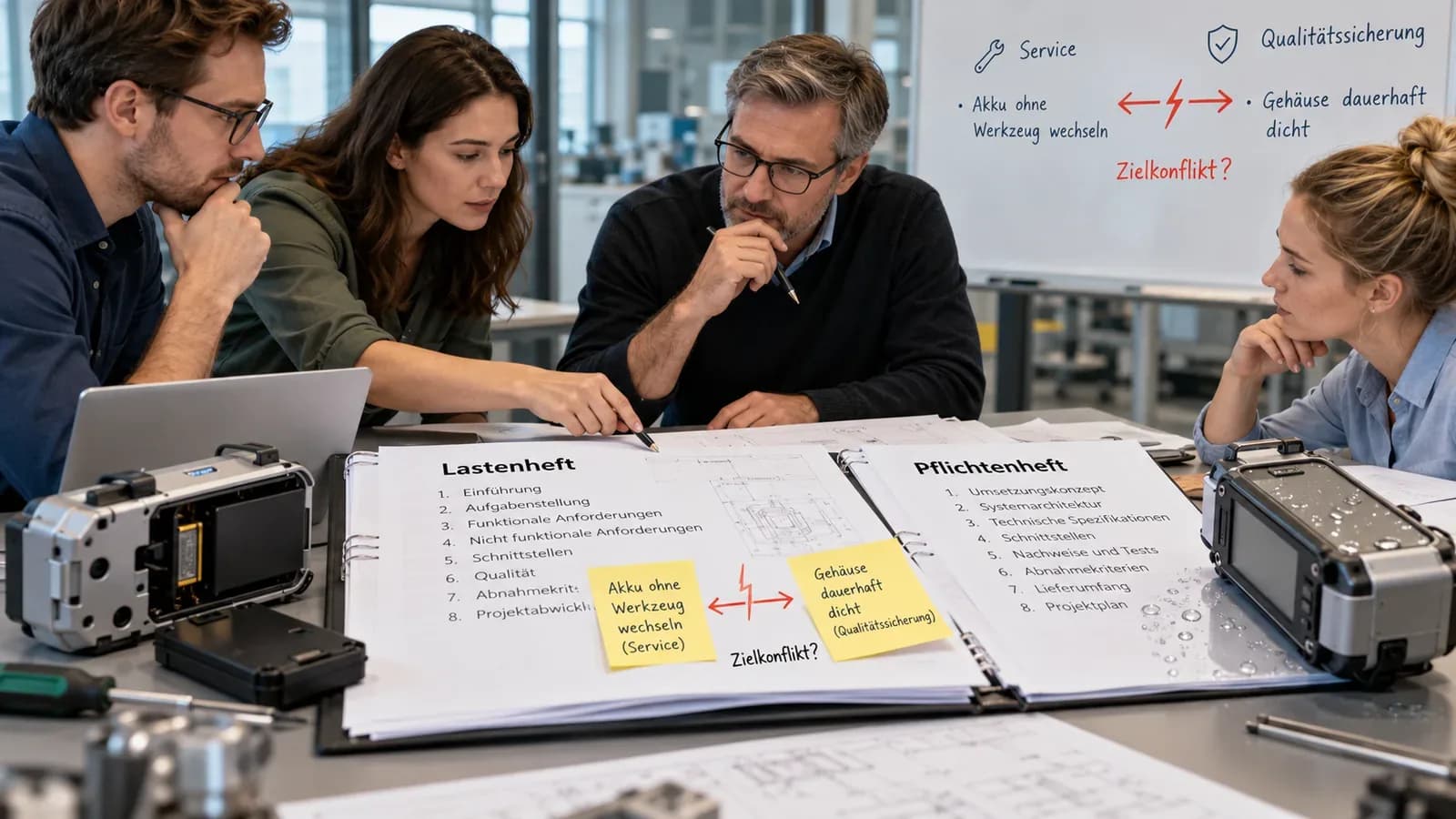 Vier Fachleute analysieren in einer technischen Besprechung Lastenheft und Pflichtenheft eines tragbaren Messgeräts. Zwei Geräteprototypen und technische Zeichnungen veranschaulichen den Zielkonflikt zwischen werkzeuglosem Akkuwechsel und dauerhaft dichtem Gehäuse. Mit KI generiert.