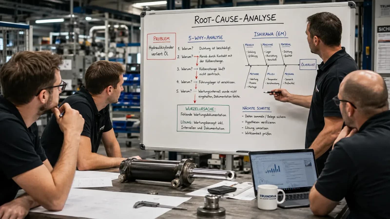 F&E-Team analysiert in einer Produktionsumgebung die Ursache eines defekten Hydraulikzylinders mit 5-Why und Ishikawa-Diagramm am Whiteboard.