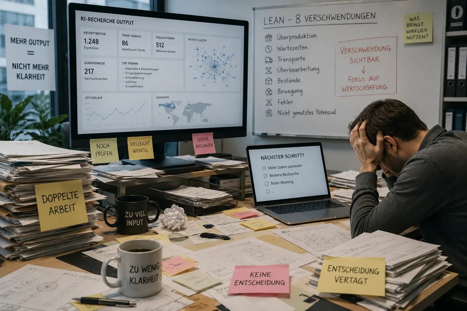 Überlasteter Mitarbeiter sitzt zwischen Papierstapeln, doppelten Recherchen und KI-Auswertungen; das Bild zeigt Verschwendung durch Informationsflut, Mehrarbeit und vertagte Entscheidungen.