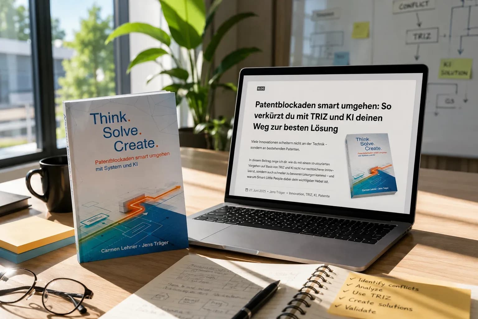 Photorealistische Szene eines modernen Arbeitsplatzes mit dem Buch „Think. Solve. Create.“ im Vordergrund. Daneben zeigt ein Laptop einen Blogartikel über das Umgehen von Patentblockaden mit TRIZ und KI. Im Hintergrund ist ein Whiteboard mit schematischen Darstellungen zu Konflikt, TRIZ und KI-Lösung zu sehen. Mit KI generiert.