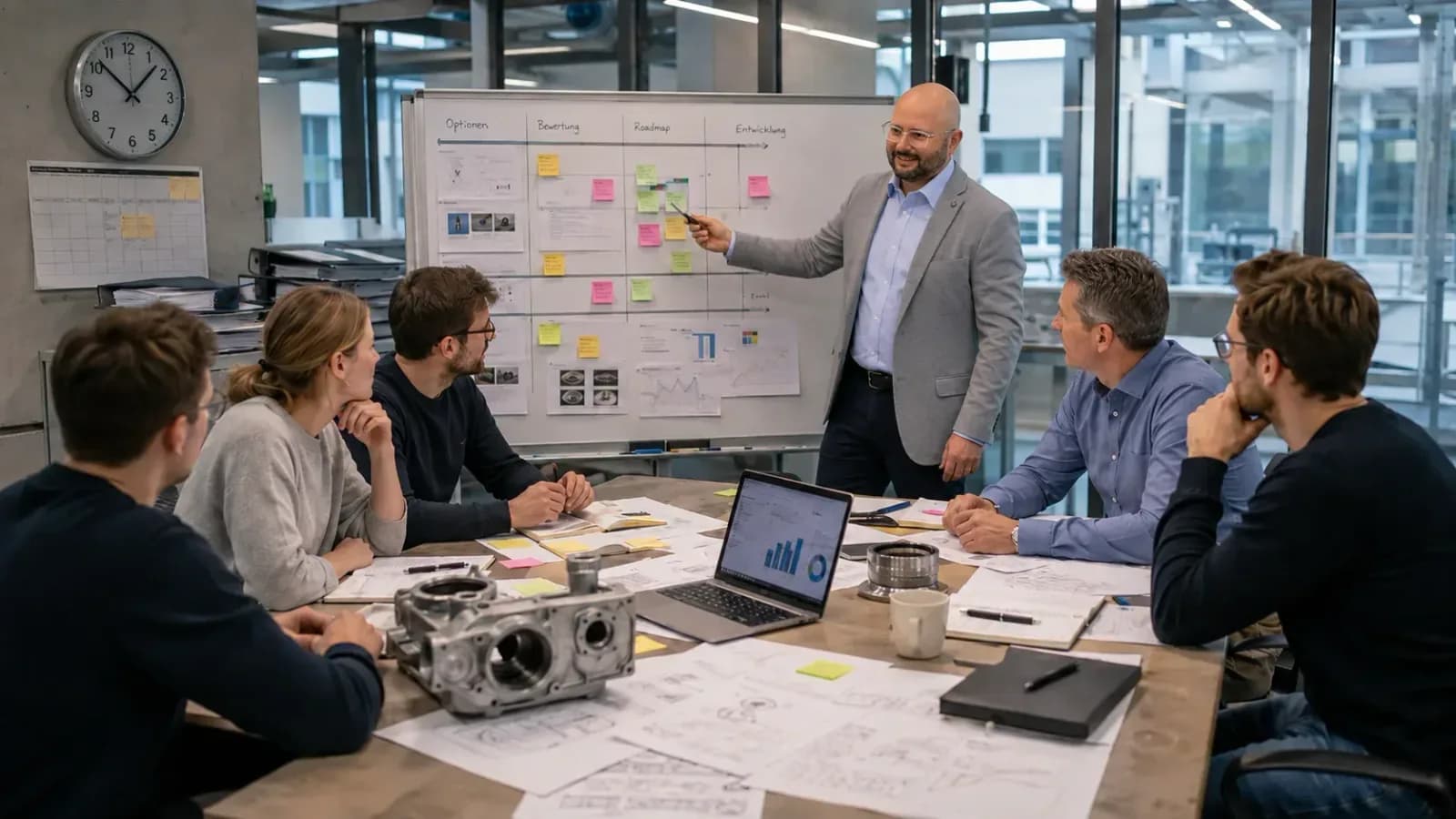 Innovationsexperte erklärt einem F&E-Team an einem Whiteboard eine priorisierte Roadmap; auf dem Tisch liegen technische Zeichnungen, ein Bauteil, Notizen und ein Laptop mit Auswertungen.
