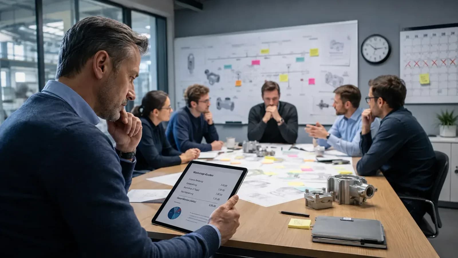 F&E-Team diskutiert in einem Besprechungsraum vor einer technischen Roadmap; im Vordergrund prüft ein Teilnehmer auf einem Tablet die Workshop-Kosten, während technische Zeichnungen und Bauteile auf dem Tisch liegen.