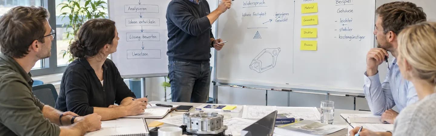 Photorealistische TRIZ-Trainingssituation mit Trainer am Whiteboard und einem Entwicklungsteam, das gemeinsam an technischen Widersprüchen und konkreten Lösungsansätzen arbeitet. Mit KI generiert.