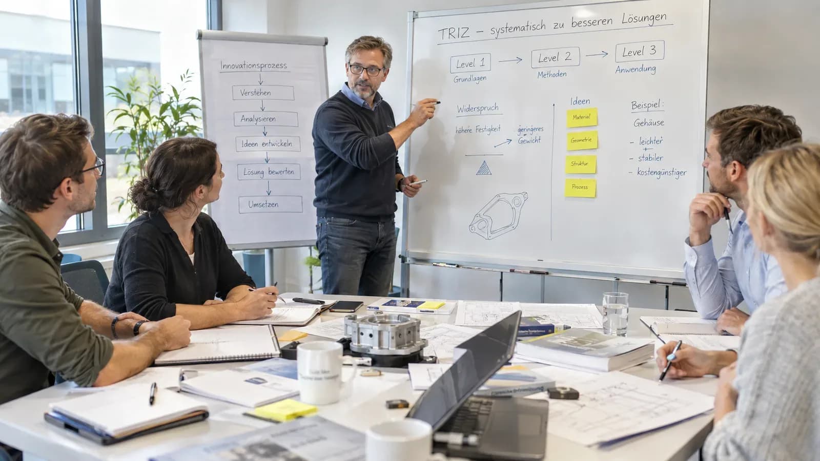 Photorealistische TRIZ-Trainingssituation mit Trainer am Whiteboard und einem Entwicklungsteam, das gemeinsam an technischen Widersprüchen und konkreten Lösungsansätzen arbeitet. Mit KI generiert.