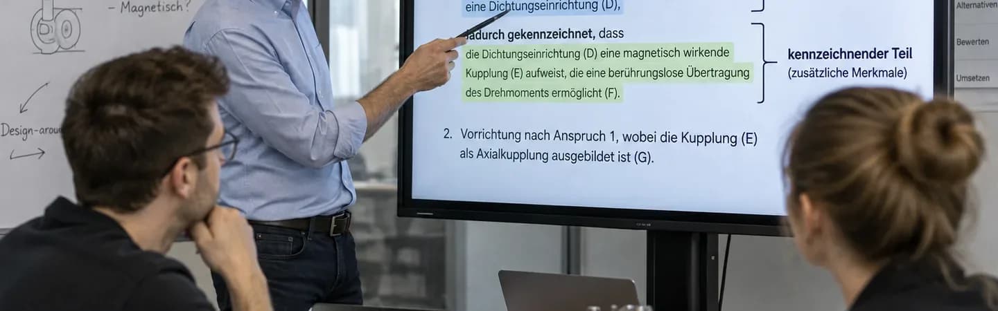 Photorealistische Workshopszene mit drei Fachleuten bei der Analyse eines Patentanspruchs. Auf einem großen Bildschirm sind Oberbegriff und kennzeichnender Teil farblich hervorgehoben, während technische Alternativen und Design-around-Ideen diskutiert werden. Mit KI generiert.