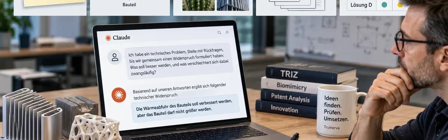 Photorealistische Ingenieursszene mit Laptop und technischen Bauteilen. Über dem Arbeitsplatz zeigt eine fünfstufige Darstellung den KI-gestützten Innovationsprozess: Widerspruch formulieren, Funktion abstrahieren, branchenübergreifend suchen, Patentliteratur vorsortieren und Lösungsvarianten bewerten. Mit KI generiert.