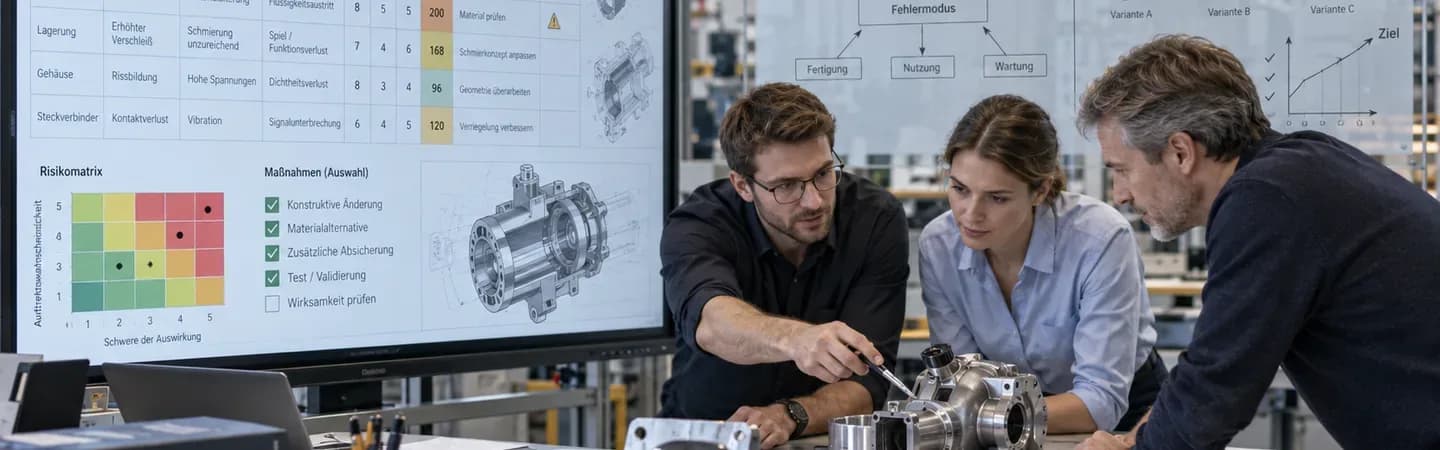 Ingenieurteam analysiert eine FMEA an einem technischen Bauteil und leitet aus bewerteten Risiken konstruktive Lösungsansätze und Ursachen-Wirkungs-Zusammenhänge ab. Mit KI generiert.