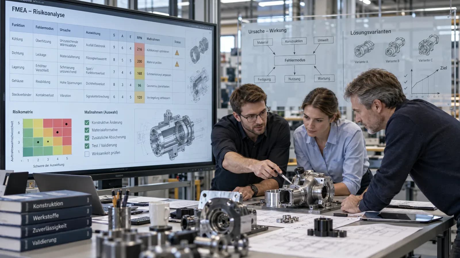 Ingenieurteam analysiert eine FMEA an einem technischen Bauteil und leitet aus bewerteten Risiken konstruktive Lösungsansätze und Ursachen-Wirkungs-Zusammenhänge ab. Mit KI generiert.