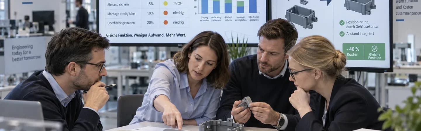 Vierköpfiges Entwicklungsteam in einem modernen Besprechungsraum analysiert ein technisches Gehäuse im Rahmen einer Wertanalyse. Auf den großen Bildschirmen sind Funktionsbewertung, Kosten-Nutzen-Vergleich sowie der Vergleich zwischen einer Bauteillösung mit sechs Teilen und einer optimierten Lösung mit drei Teilen zu sehen. Das Bild macht sichtbar, wie durch geringere Teilezahl bei gleicher Funktion Kosten reduziert und der Produktwert gesteigert werden. Mit KI generiert.