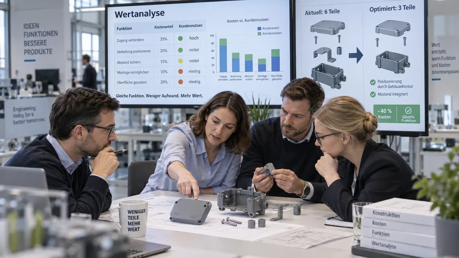Vierköpfiges Entwicklungsteam in einem modernen Besprechungsraum analysiert ein technisches Gehäuse im Rahmen einer Wertanalyse. Auf den großen Bildschirmen sind Funktionsbewertung, Kosten-Nutzen-Vergleich sowie der Vergleich zwischen einer Bauteillösung mit sechs Teilen und einer optimierten Lösung mit drei Teilen zu sehen. Das Bild macht sichtbar, wie durch geringere Teilezahl bei gleicher Funktion Kosten reduziert und der Produktwert gesteigert werden. Mit KI generiert.