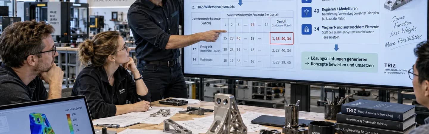 Mehrere Personen in einer modernen Entwicklungsumgebung arbeiten an einem TRIZ-basierten Lösungsprozess. Auf einem großen Bildschirm wird der Weg vom technischen Widerspruch über die Widerspruchsmatrix zu relevanten Lösungsprinzipien dargestellt. Auf dem Tisch liegen technische Zeichnungen, Bauteile und Notizen; zusätzlich zeigt ein Laptop eine Simulationsdarstellung eines optimierten Bauteils. Das Bild visualisiert, wie aus einem Zielkonflikt systematisch konkrete Lösungskonzepte abgeleitet werden. Mit KI generiert.