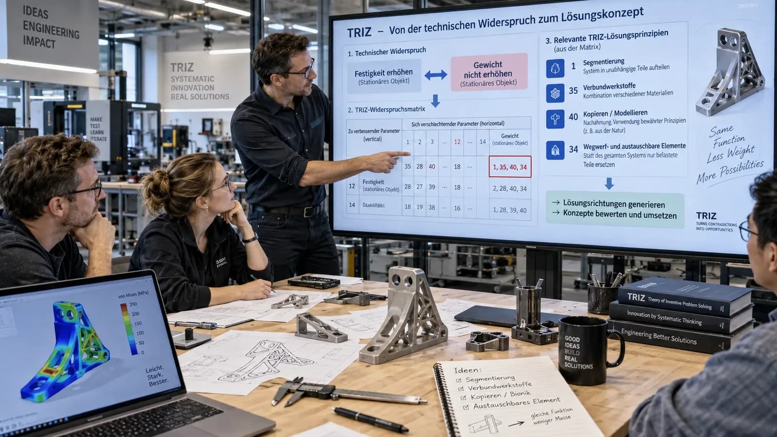 Mehrere Personen in einer modernen Entwicklungsumgebung arbeiten an einem TRIZ-basierten Lösungsprozess. Auf einem großen Bildschirm wird der Weg vom technischen Widerspruch über die Widerspruchsmatrix zu relevanten Lösungsprinzipien dargestellt. Auf dem Tisch liegen technische Zeichnungen, Bauteile und Notizen; zusätzlich zeigt ein Laptop eine Simulationsdarstellung eines optimierten Bauteils. Das Bild visualisiert, wie aus einem Zielkonflikt systematisch konkrete Lösungskonzepte abgeleitet werden. Mit KI generiert.