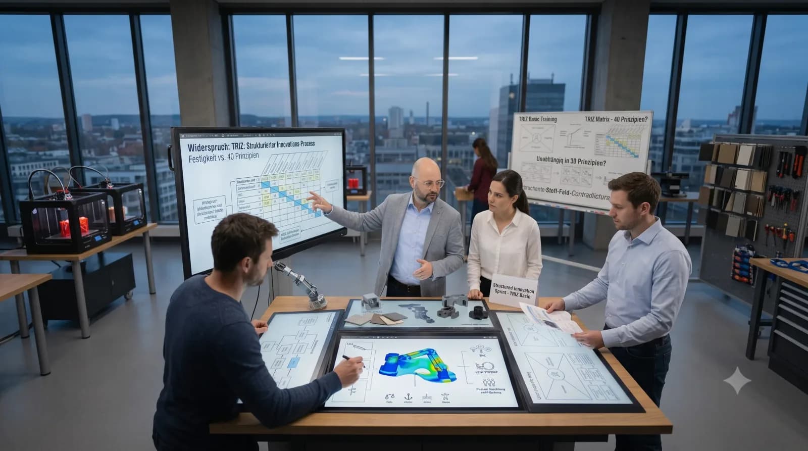 TRIZ-Training in einem modernen Innovationslabor: Vier Personen diskutieren an einem Touchtisch mit Widerspruchsmatrix und Bauteilen. Mit KI generiert.