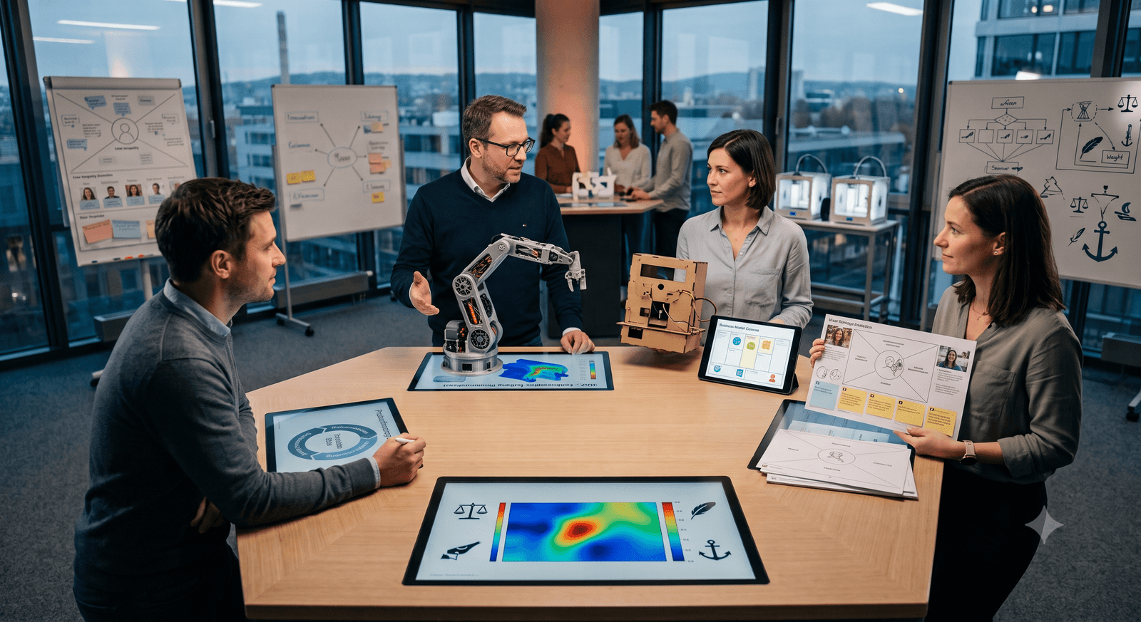 Eine diverse Gruppe von Ingenieuren und Designern arbeitet an einem großen, interaktiven Touchscreen-Tisch, der mehrere Displays enthält. Im Vordergrund halten und diskutieren ein Mann und eine Frau einen fortschrittlichen Roboterarm-Prototyp. Die Frau hält außerdem eine Kartonschachtel mit der Aufschrift „MVP“. Ein anderer Mann verwendet einen Eingabestift auf einem Tischdisplay, um ein FEA-Stress-Heatmap-Diagramm eines mechanischen Bauteils zu analysieren. Im Hintergrund ist ein größeres Team zu sehen, das mit 3D-Druckern arbeitet und Whiteboards mit Diagrammen bespricht. Der Raum bietet einen weiten Blick auf eine Stadtlandschaft bei Dämmerung durch bodentiefe Fenster. Die Atmosphäre ist analytisch, kollaborativ und zukunftsorientiert.