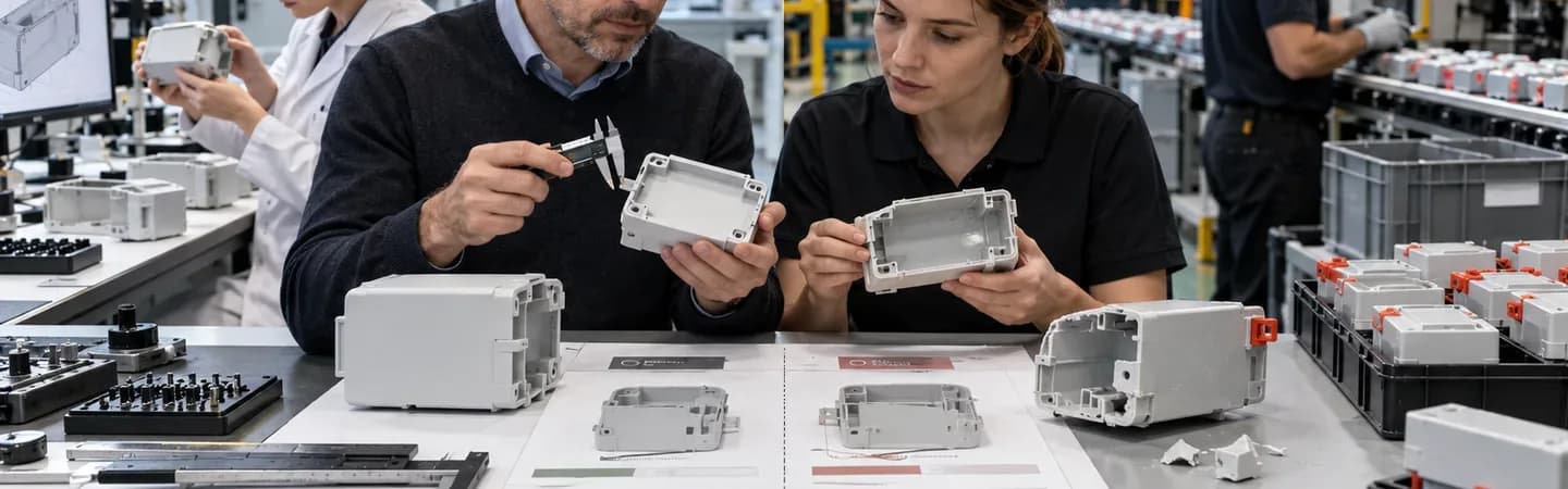 Ingenieursteam vergleicht einen funktionsfähigen Prototyp mit fehlerhaften Kunststoffgehäusen aus der Serienfertigung. Mit Messschiebern und Bauteilprüfungen untersucht es mögliche Ursachen für Probleme beim Serienanlauf, während im Hintergrund die Produktionslinie läuft. Mit KI generiert.