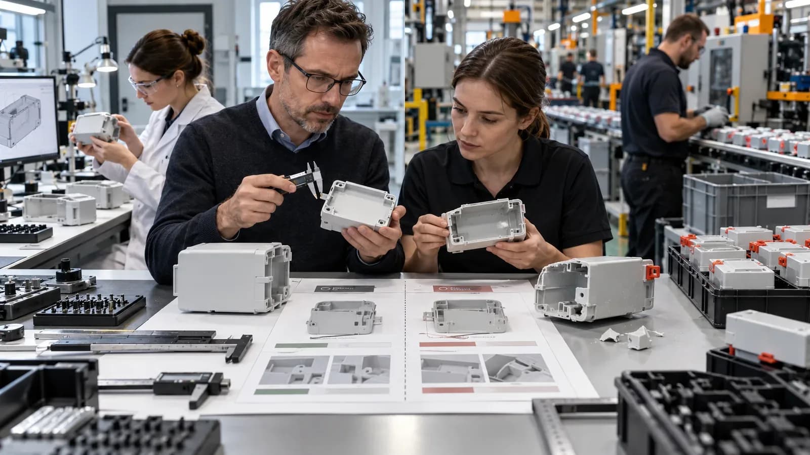 Ingenieursteam vergleicht einen funktionsfähigen Prototyp mit fehlerhaften Kunststoffgehäusen aus der Serienfertigung. Mit Messschiebern und Bauteilprüfungen untersucht es mögliche Ursachen für Probleme beim Serienanlauf, während im Hintergrund die Produktionslinie läuft. Mit KI generiert.