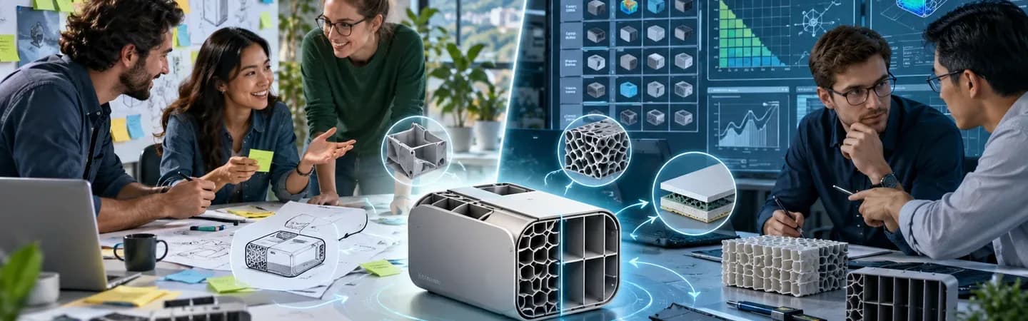 Intuitive und systematische Kreativitätstechniken im Vergleich: Links entwickelt ein Team beim Brainstorming Ideen mit Skizzen und Haftnotizen, rechts analysieren Ingenieure mithilfe von CAD-Modellen und strukturierten Methoden technische Lösungen. Im Mittelpunkt steht ein Leichtbaugehäuse mit Waben- und Rippenstrukturen als Beispiel für die Lösung eines technischen Widerspruchs. Mit KI generiert.