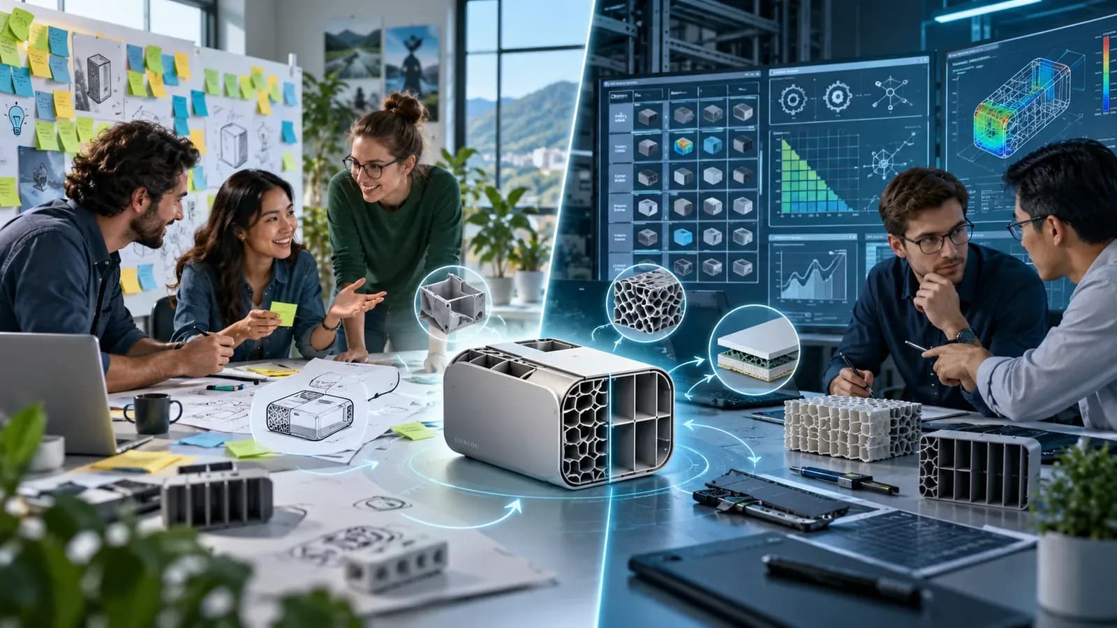 Intuitive und systematische Kreativitätstechniken im Vergleich: Links entwickelt ein Team beim Brainstorming Ideen mit Skizzen und Haftnotizen, rechts analysieren Ingenieure mithilfe von CAD-Modellen und strukturierten Methoden technische Lösungen. Im Mittelpunkt steht ein Leichtbaugehäuse mit Waben- und Rippenstrukturen als Beispiel für die Lösung eines technischen Widerspruchs. Mit KI generiert.