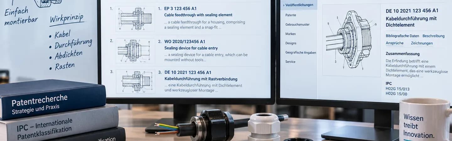 Photorealistischer Arbeitsplatz zur technischen Patentrecherche mit Espacenet und DEPATISnet auf zwei Monitoren. Die Suchergebnisse zeigen Patente zu Kabeldurchführungen und Dichtungssystemen. Auf dem Schreibtisch liegen technische Zeichnungen, Kabelverschraubungen, Fachbücher und eine Checkliste zur PatentSuche. Im Hintergrund verdeutlicht eine Konstruktionsskizze die Suche nach Funktionen und Wirkprinzipien. Mit KI generiert.