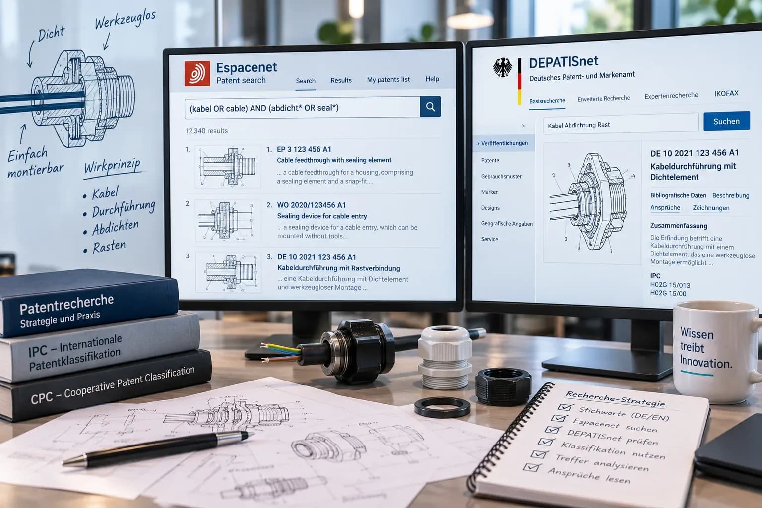 Photorealistischer Arbeitsplatz zur technischen Patentrecherche mit Espacenet und DEPATISnet auf zwei Monitoren. Die Suchergebnisse zeigen Patente zu Kabeldurchführungen und Dichtungssystemen. Auf dem Schreibtisch liegen technische Zeichnungen, Kabelverschraubungen, Fachbücher und eine Checkliste zur PatentSuche. Im Hintergrund verdeutlicht eine Konstruktionsskizze die Suche nach Funktionen und Wirkprinzipien. Mit KI generiert.