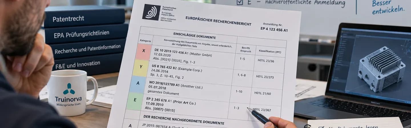 Photorealistische Darstellung eines Ingenieurs bei der Analyse eines europäischen Patentrecherchenberichts. Die Kategorien X, Y, A und E sind farblich hervorgehoben und kennzeichnen unterschiedliche Arten des Stands der Technik. Auf dem Schreibtisch liegen Fachbücher und eine Checkliste zur Patentanalyse. Ein Laptop zeigt das CAD-Modell einer Kühlplatte mit Rippenstruktur als Beispiel für die technische Bewertung bestehender Erfindungen. Mit KI generiert.