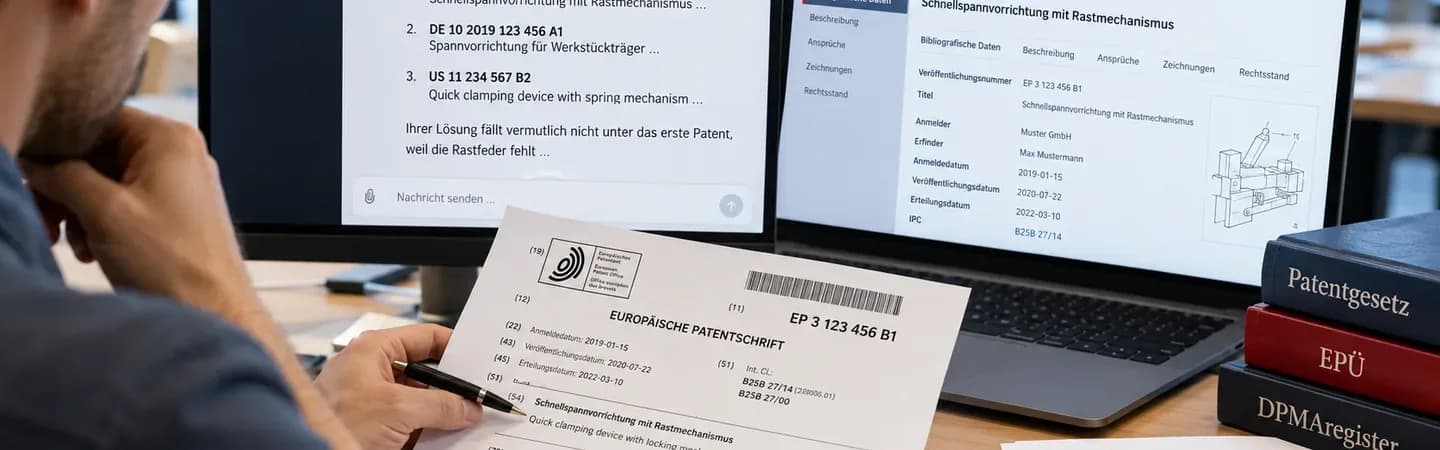 Ingenieur überprüft die Ergebnisse einer KI-gestützten Patentrecherche. Er vergleicht Patentnummern und technische Angaben aus ChatGPT mit einer Originalpatentschrift und einem Eintrag in Espacenet. Eine Checkliste zeigt die Prüfschritte für Patentnummer, Anspruchswortlaut, Rechtsstand und weitere Treffer. Mit KI generiert.