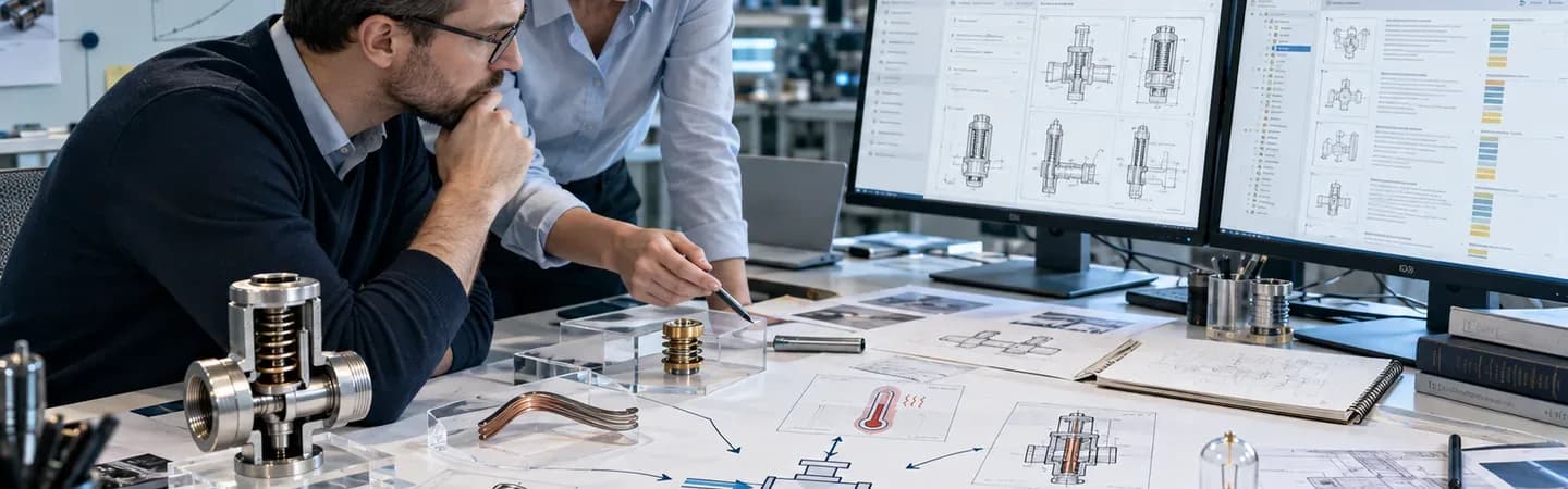 Zwei Ingenieure analysieren technische Zeichnungen, Patentdokumente und verschiedene Ventilmechanismen in einem modernen Entwicklungslabor. Die Szene veranschaulicht eine funktionsorientierte Patentrecherche, bei der unterschiedliche Wirkprinzipien vor Beginn der Produktentwicklung untersucht werden. Mit KI generiert.