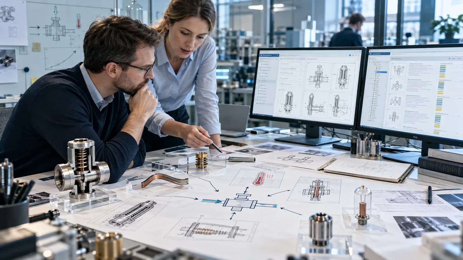 Zwei Ingenieure analysieren technische Zeichnungen, Patentdokumente und verschiedene Ventilmechanismen in einem modernen Entwicklungslabor. Die Szene veranschaulicht eine funktionsorientierte Patentrecherche, bei der unterschiedliche Wirkprinzipien vor Beginn der Produktentwicklung untersucht werden. Mit KI generiert.